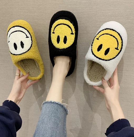 

2021 Smile Face Wholesale Chinese Ladies Winter Indoor Happy Warm Women's Home House Cute Bedroom Smiley Pantoufle Slippers, Yellow,black,white,grey