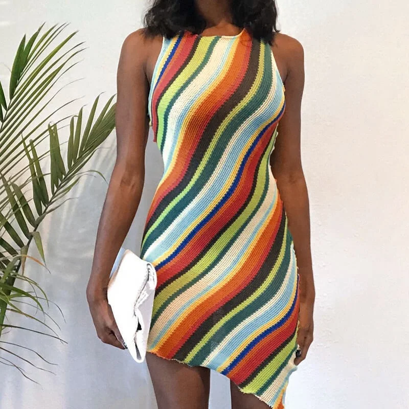

DLL Fashion Slim sleeveless bodycon dress Round Neck striped casual dresses womens clothing 2021 dress, As picture or customized make