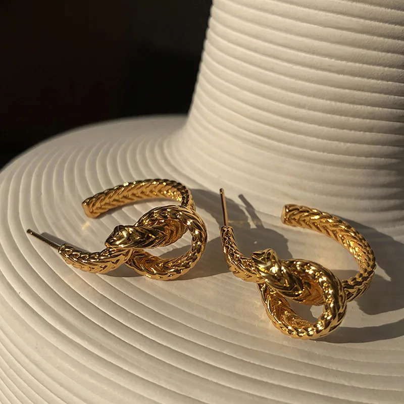 

European Retro S925 Needle Textured Twisted Hoop Earrings Real Gold Plated Knotted C Shape Hoop Earrings for Women