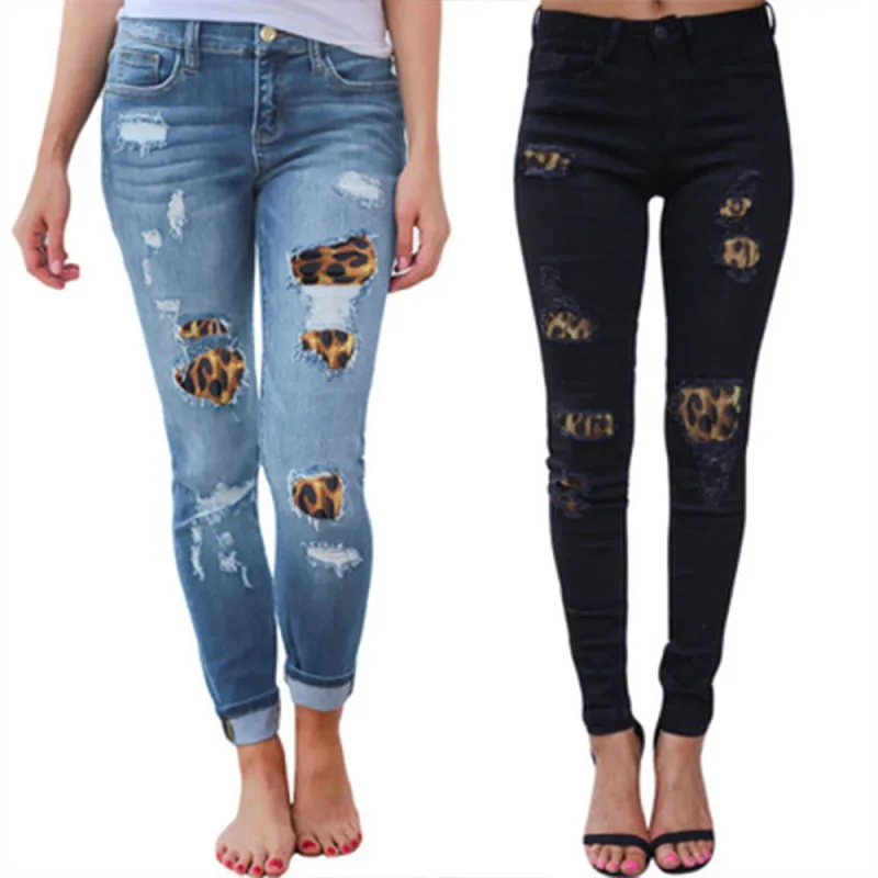 animal print patch distressed jeans