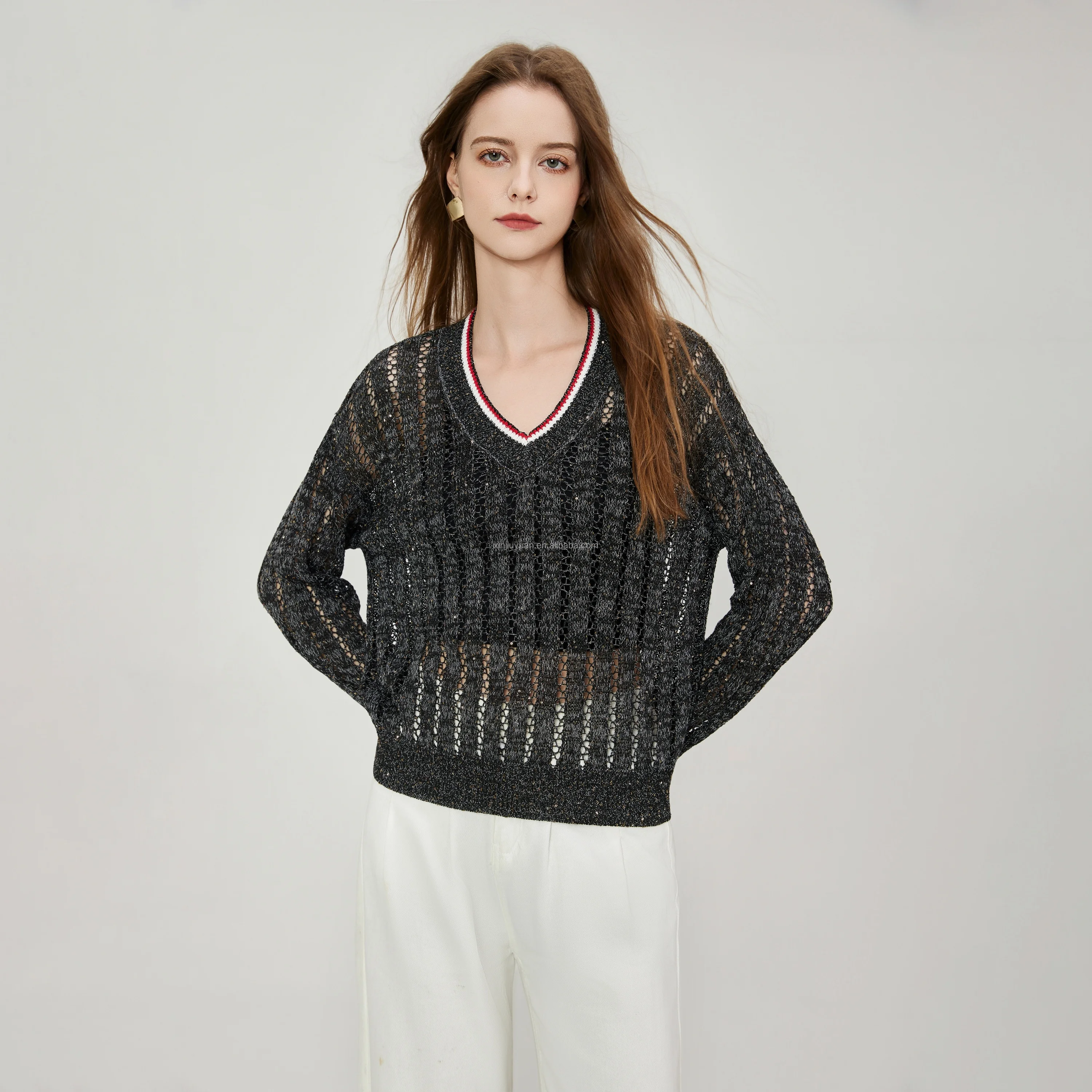 100% Polyester Sequin Knit Sweater Women V-Neck Open-Work Linen-like Core Spun Yarn Jumper Contrast Tipping Top Apparel