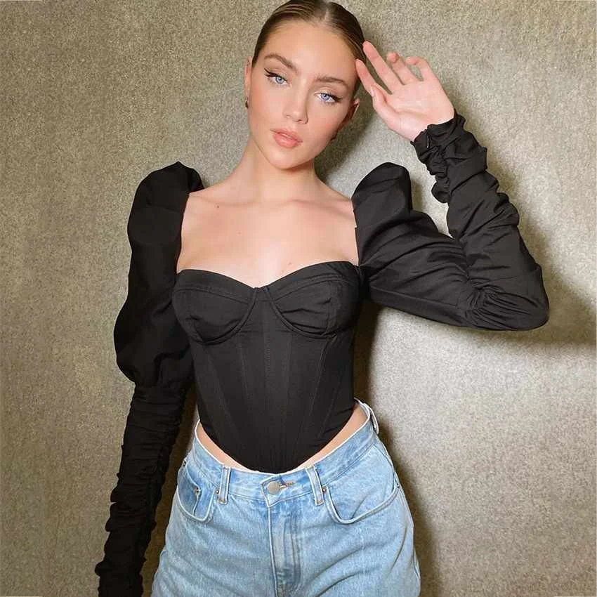 

Puff Sleeve Bodycon Female Crop Tops Autumn Elastic Pure Casual Shirt Korean Chic Pleated Streetwear