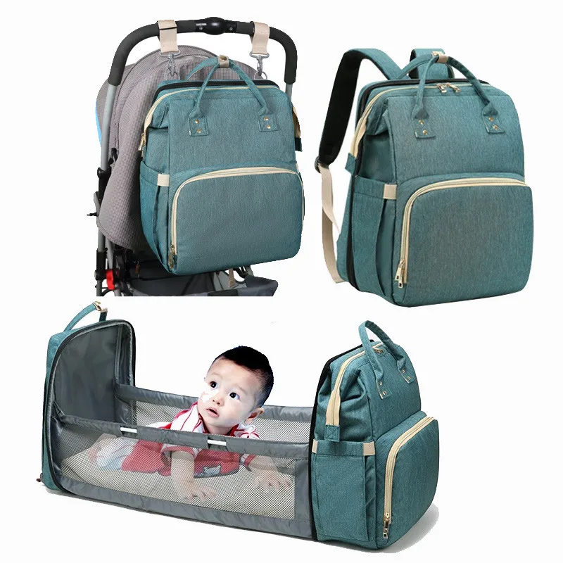 

Portable Foldable Baby Bed 3 in 1 Mommy Baby Diaper Bag Backpack with Changing Station, Peacock blue or customized