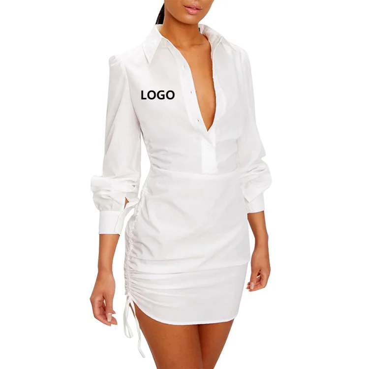 

Wholesale Fashion White Summer Dress 100% Cotton Long Sleeves Ruched Side Fitted Mini Ladies Shirt Dress, Customized color