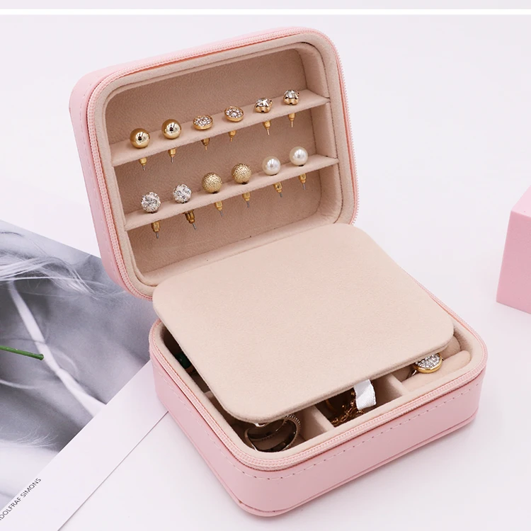 

Small Travel Jewelry Box PU Leather Zipper Closure Earring Jewelry Storage Box Travel Jewelry Organizer, Pink,white,light blue