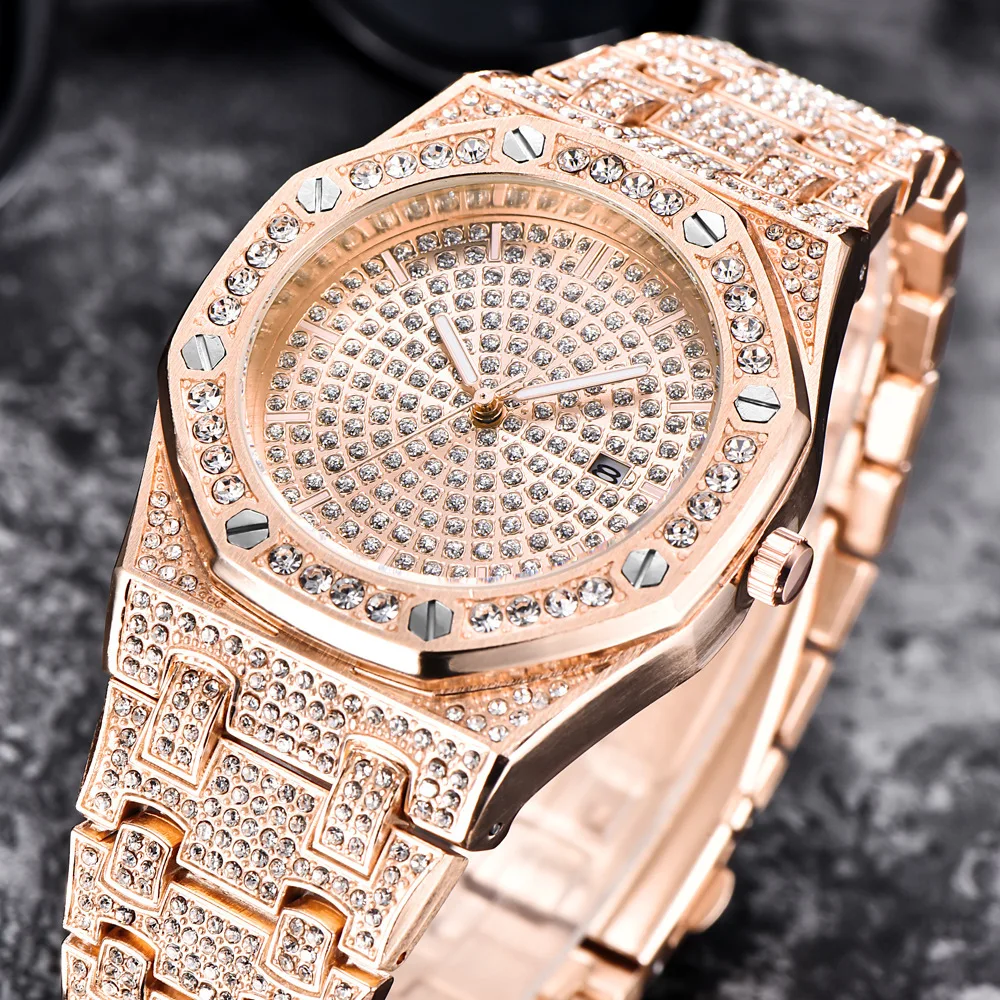 

Hiphop Iced Out Quartz Watches For Mens Full Diamond Stainless Steel Watch Bands Wholesale Womens Brand Wristwatche Luxury, Gold/rose gold/silver