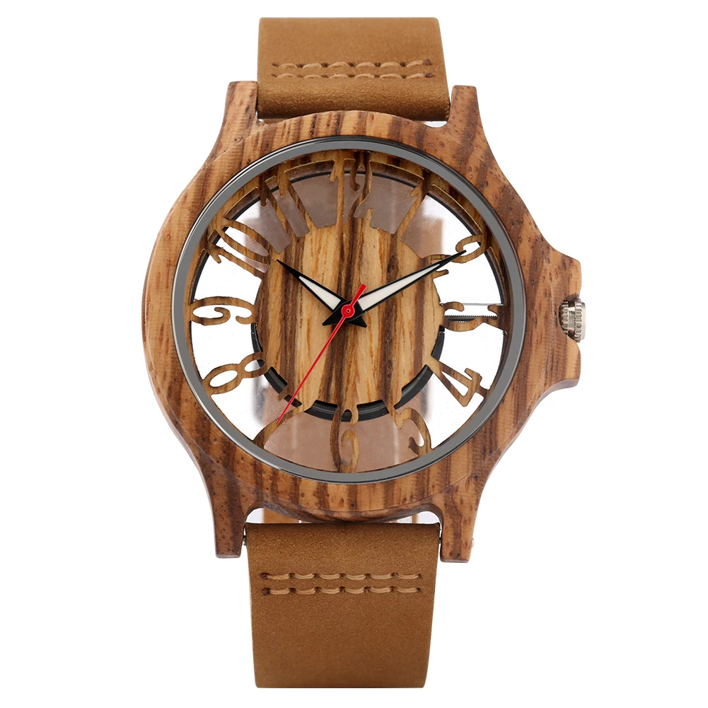 

2021 New Arrival Creative Zebra Wood Watch Leather Band Hollow Out Digital Wristwatch For Men Women, Brown