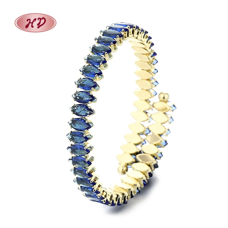 

18K Gold Plated Sky Blue Oval Diamond Splicing Bangle Bracelet Fine Adjustable Fashion Jewelry Bangles