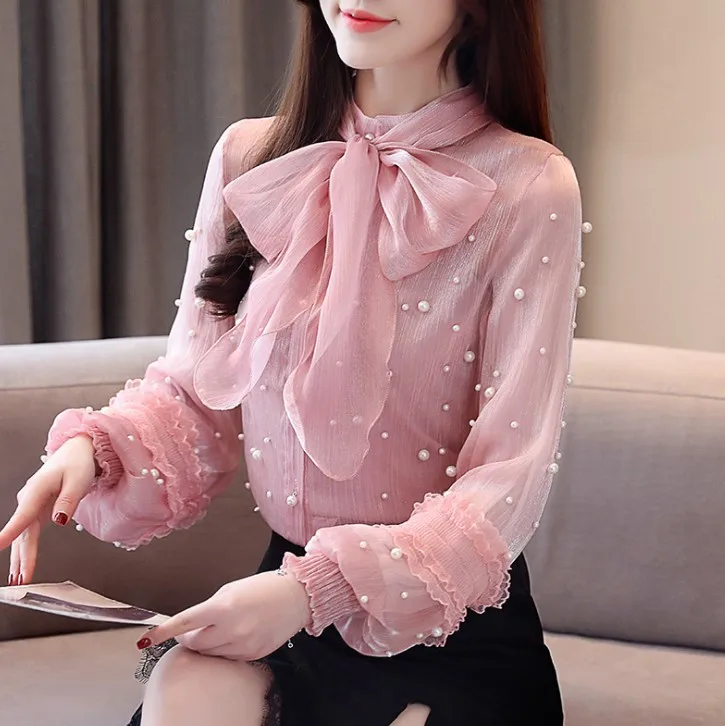 

hb10271a 2020 new bowknot beaded chiffon sweater lantern sleeve tops, Picture