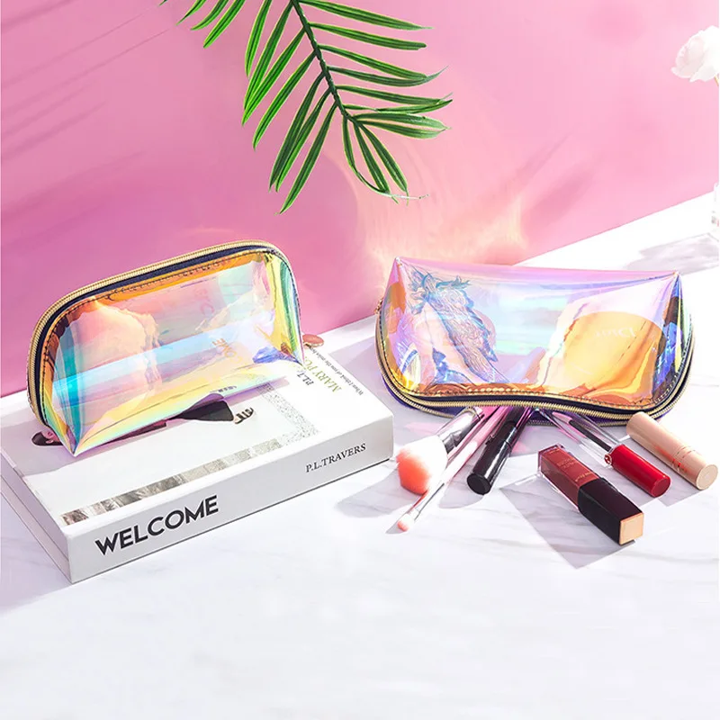 

2021 custom logo transparent pvc make up bag waterproof customized TPU bag Holographic Makeup Bag for girls
