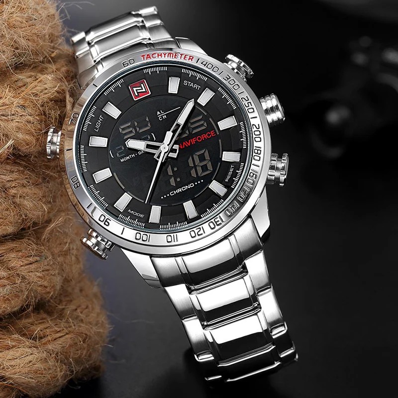 
NAVIFORCE Men Military Sport Watches Mens LED Analog Digital Watch Male Army Stainless Quartz Clock 9093 Relogio Masculino 