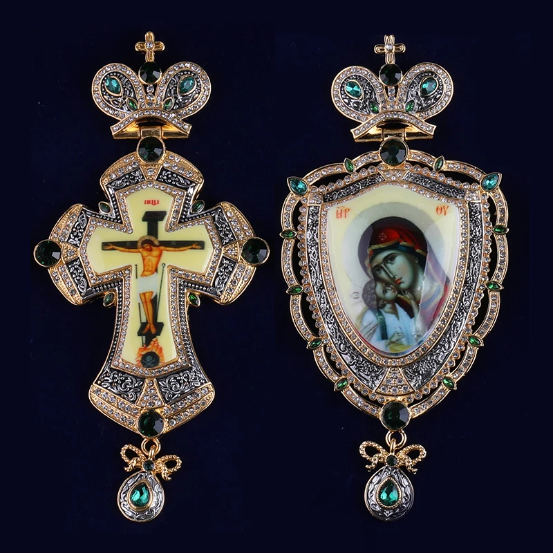 

Christian Priest Bishop Greek Orthodox Pectoral Cross Set with Yellow Background Panagia Mary & Jesus Icon Pendant