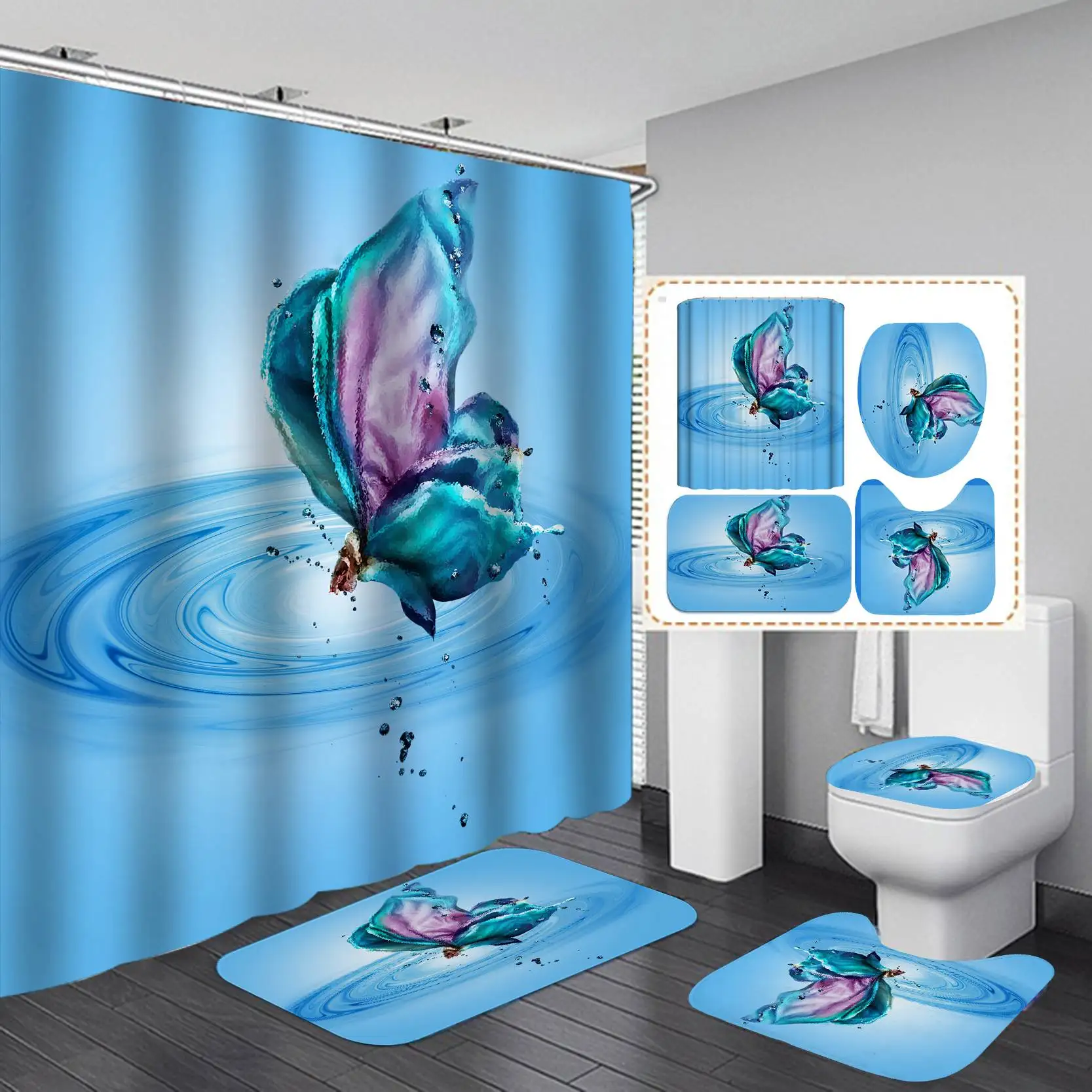 

Factory direct sales swater repellant printing 3D animal cute butterfly shower curtain set with bath rug for bathroom