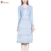 

In stock knit neckline lace-up long sleeve top and striated pleated skirt 2019 fall 2 piece set women fashion elegant clothing