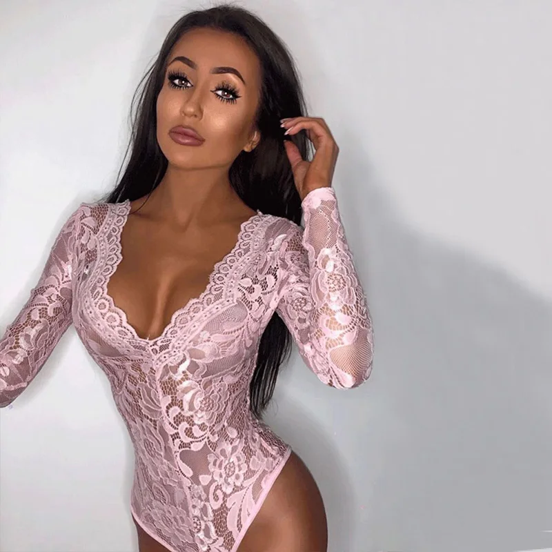 

lingerie sexy hot transparent Pink sexy nighty for honeymoon V-neck lace bodysuit long sleeve