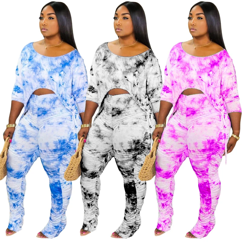 

Cowinner Casual  2 Piece Outfit Clubwear Tie Dye Print Tops Bodycon Pleated Trousers Set, As picture show