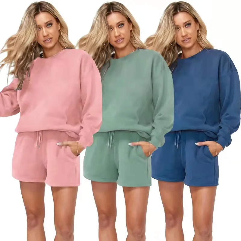

2022 Wholesale Ribbed Pullover Women Jogger Set Casual Velvet Plain Hoodies Short Sweatpants Tracksuit Set, Customized colors
