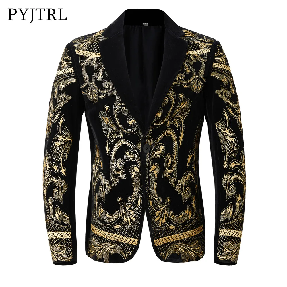 

PYJTRL Men's Black Velvet Embroidered Small Floral Blazer Stage Singer Costume Male Gold Suits For Men Slim Casual Jacket