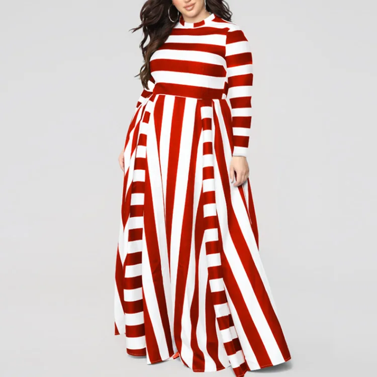 

2020 Long Sleeve Dress One Piece Girls Party plus size Dresses Latest Xxxxl Women Clothing Stripe Skirt plus size women clothing