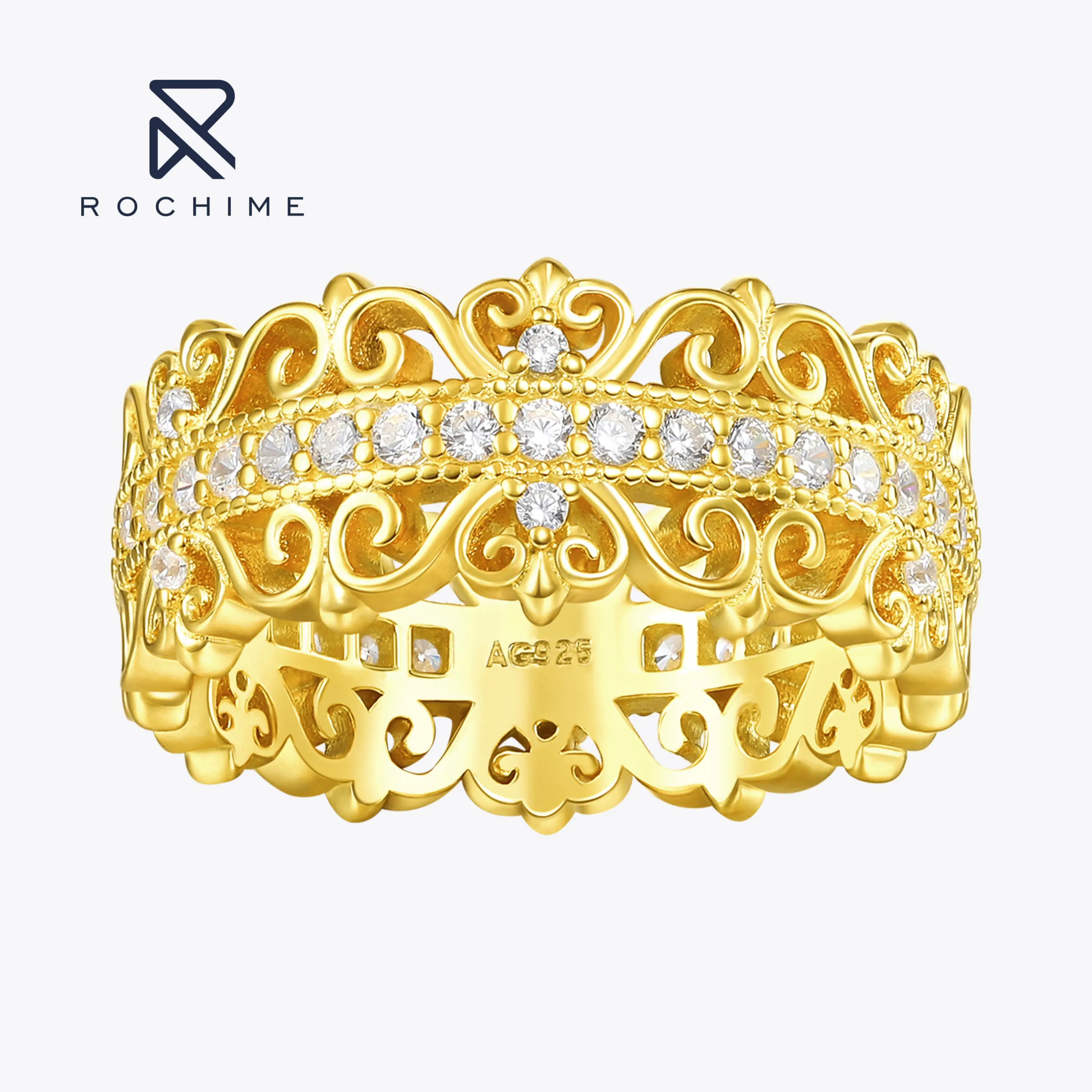 Rochime 18k Gold Plated Vintage Castle Lace Diamond Ring 925 Sterling Silver  Gold Plated Cubic Zirconia Rings for Women