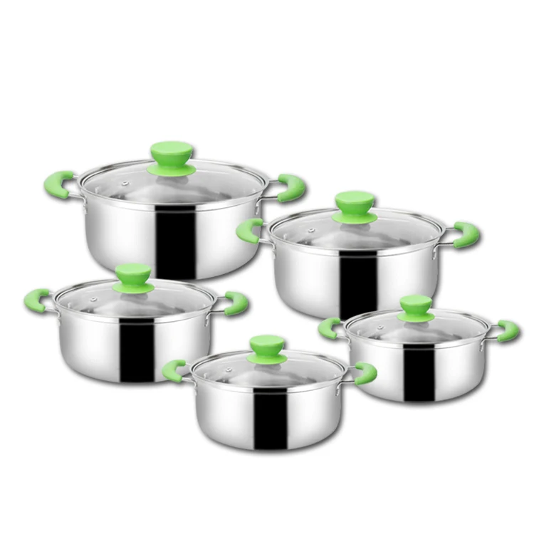 

Wholesale 10pcs nonstick stainless steel polished cooking casserole cooking pot set cookware set with green handle