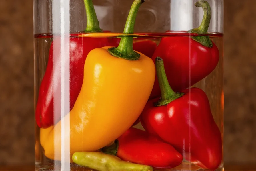 Close-up of pepper vodka bottle with various peppers floating inside, natural lighting