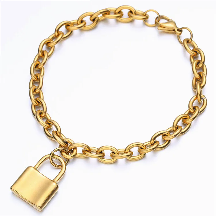 

Hot selling stainless steel 18k gold plated chunky chain bracelets steel lock charm bracelet