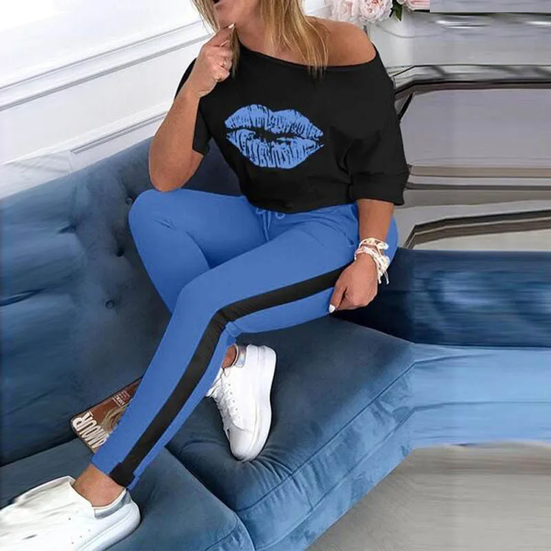 

LCt054 Summer Hot Sale women lip printed casual women's short top and long pants two-piece set suit