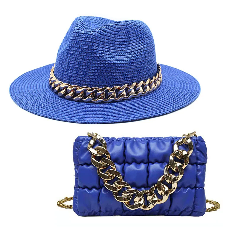 

2022 Summer New Trendy Gold Chain Decoration purse Straw Fedora hat and bag set Quilted PU Leather women shoulder lady handbags