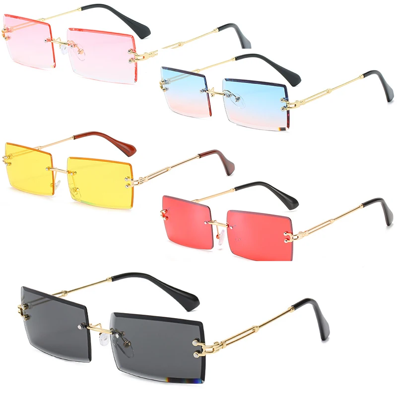 Qmoon 2022 Flat Top Sunglasses Custom Logo Brand Small Clear Sun glasses Transparent Women Rimless Rectangle Sunglasses