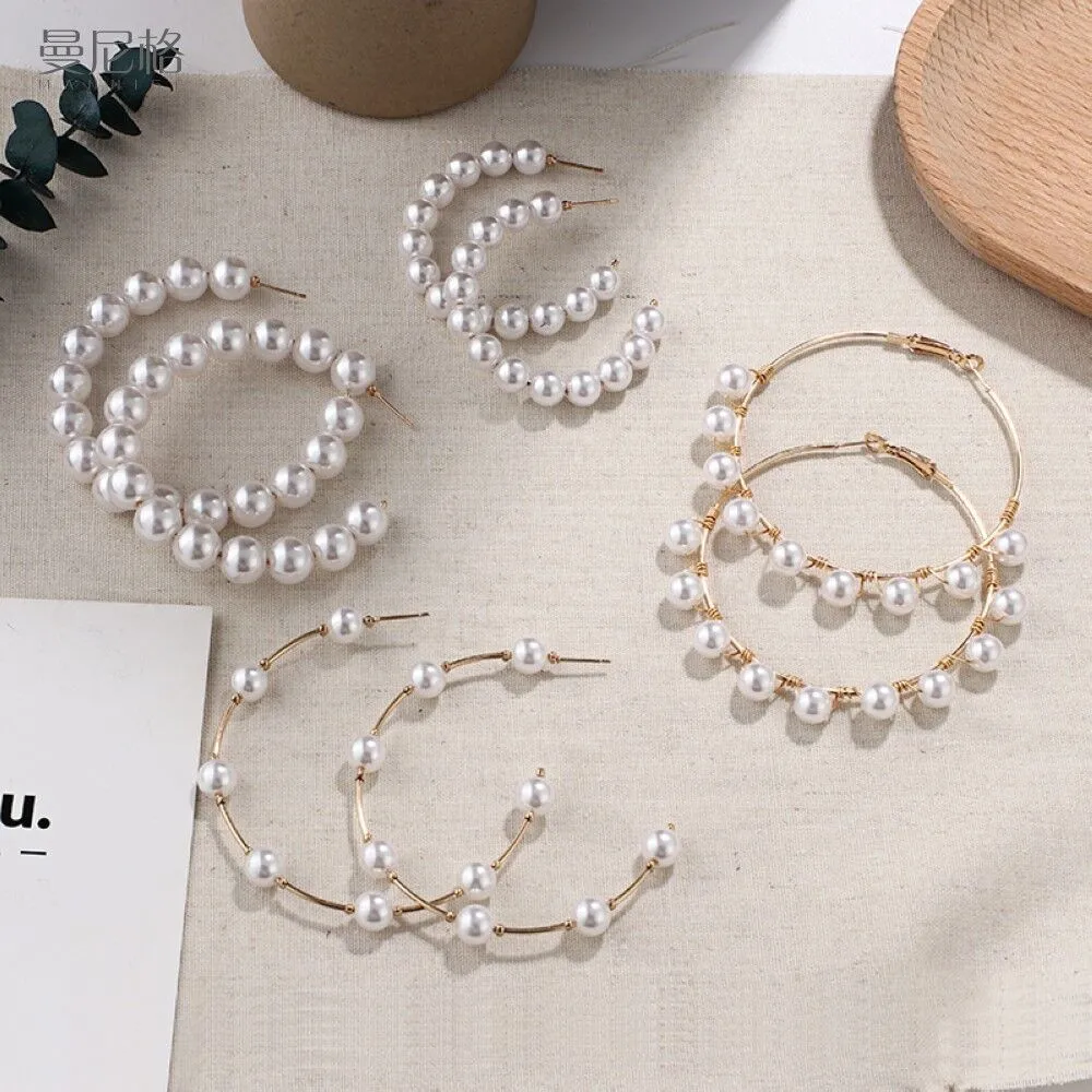 

Europe And America C-Shaped Stainless Steel Gold Ring Pearl Hoop Earrings For Women Wedding Jewelry
