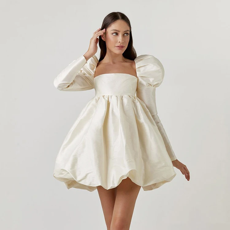 

New Fashion 2022 Spring Beige Square Collar Elegant Puff Sleeve Dress Satin Casual Dresses Women