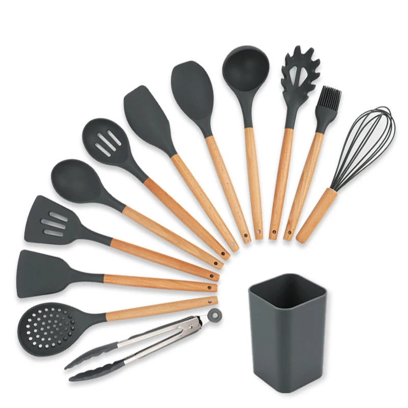 

Non-stick spatula cookware silicone 13-piece set with wood handle Storage Bin Kitchen Supplies Soup spoon and spatula, Gray