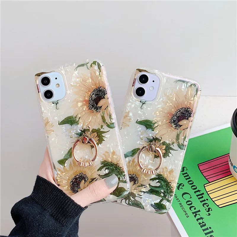 

Stylish Soft TPU IMD Finger Ring Cover Sunflower Case For iPhone 12 Pro Max