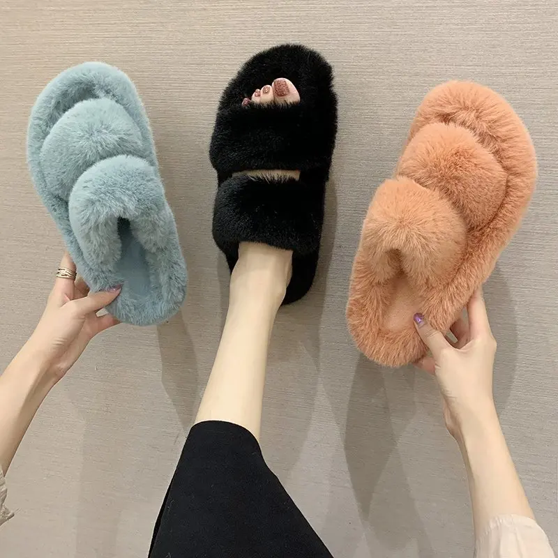 

Women Vegan Faux Fur Slider Slippers Open Toe Mule Fluffy House Slide ladies Winter sandals, Picture