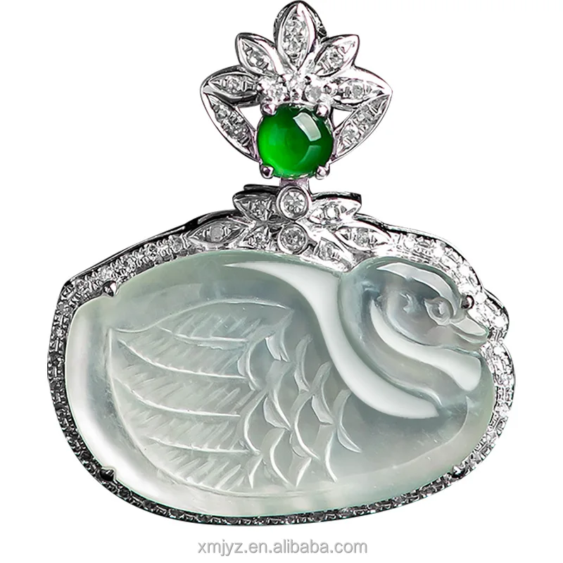 

Certified Grade A Unique Natural Myanmar Jadeite Ice-Like Swan Love 18K Gold Inlaid Jade Pendant For Women Jade Pendant