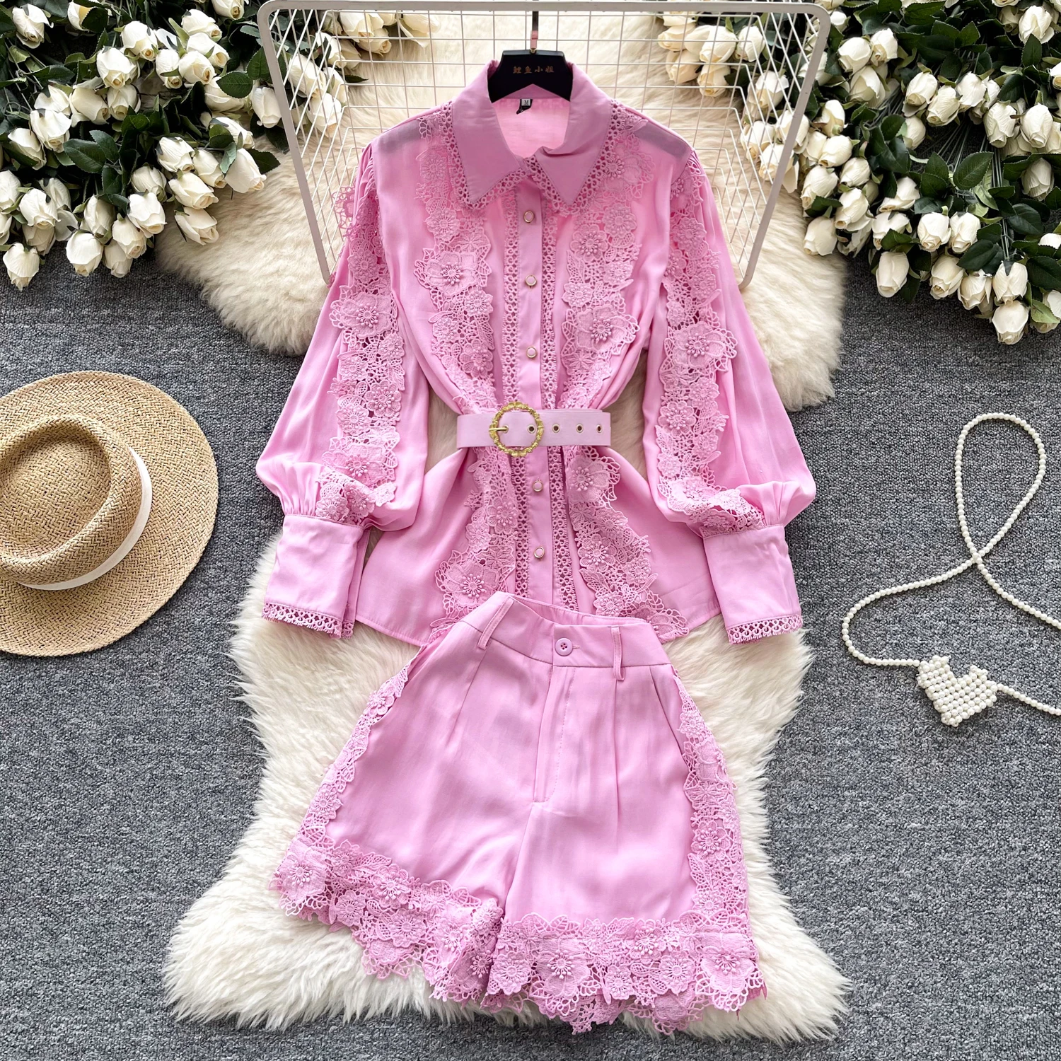 Lace Patchwork Shirt & High Waist Shorts Two Piece Set