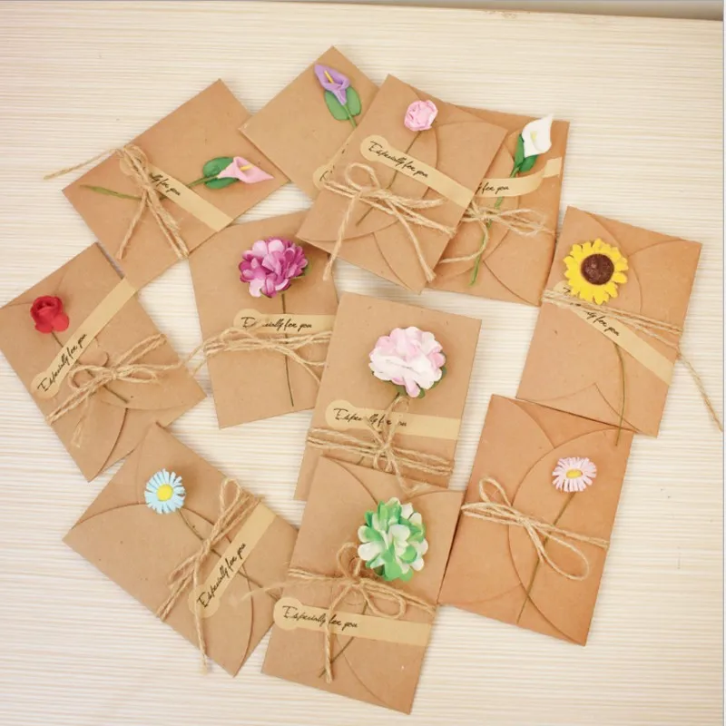

Custom Vintage kraft paper handmade dried flower greeting card with twine 1 envelope with 1card 180x120mm Wholesale