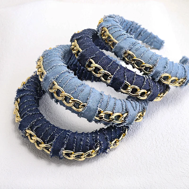 

Simple Latest Designer Gold Chain Decoration Denim Headband Women Hair Accessories Sponge Padded Hairband, 9 colors