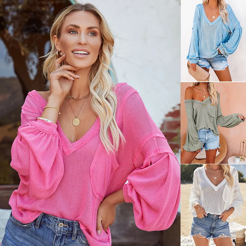 

CL-0415 New Arrival Women Solid Color Knit Long Sleeve T Shirt Sweater Slim Sheer V Neck Workout Crop Top Women'S T-Shirts, Picture showed