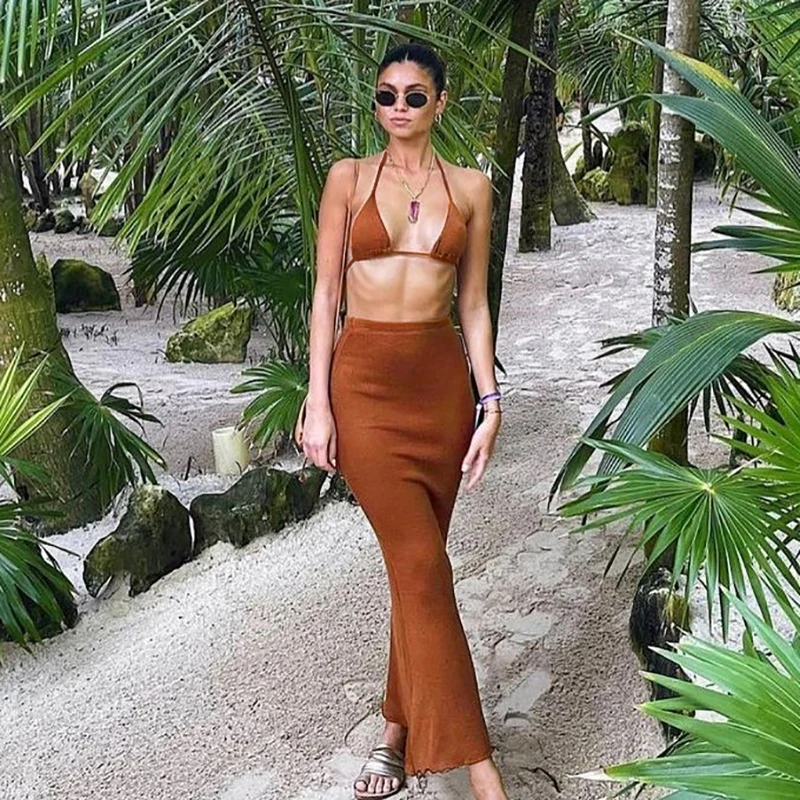 

KKbeier K21S03022 Hollot Out Two Piece Sirkt Sets Summer Halter Crop Top Long Set Casual Loose Stretchy Two Piece Set for Women
