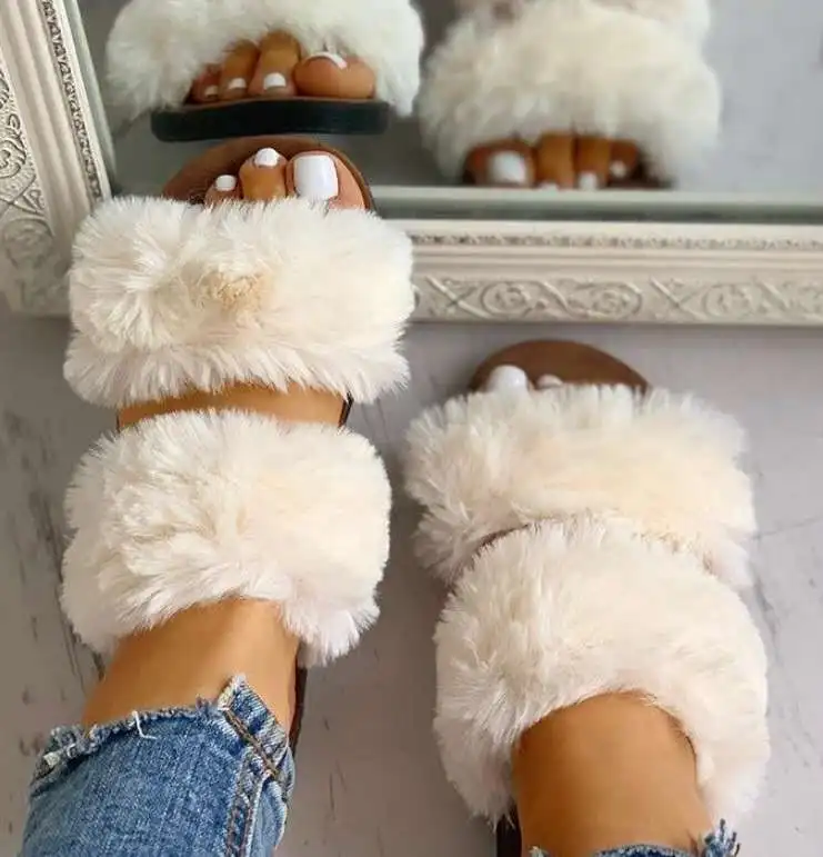 

sandals shoes women 2020 Faux Fur Slides Sandals for Women Plush Slipper Ladies Flat furry slippers for women, Begin/black/khaki