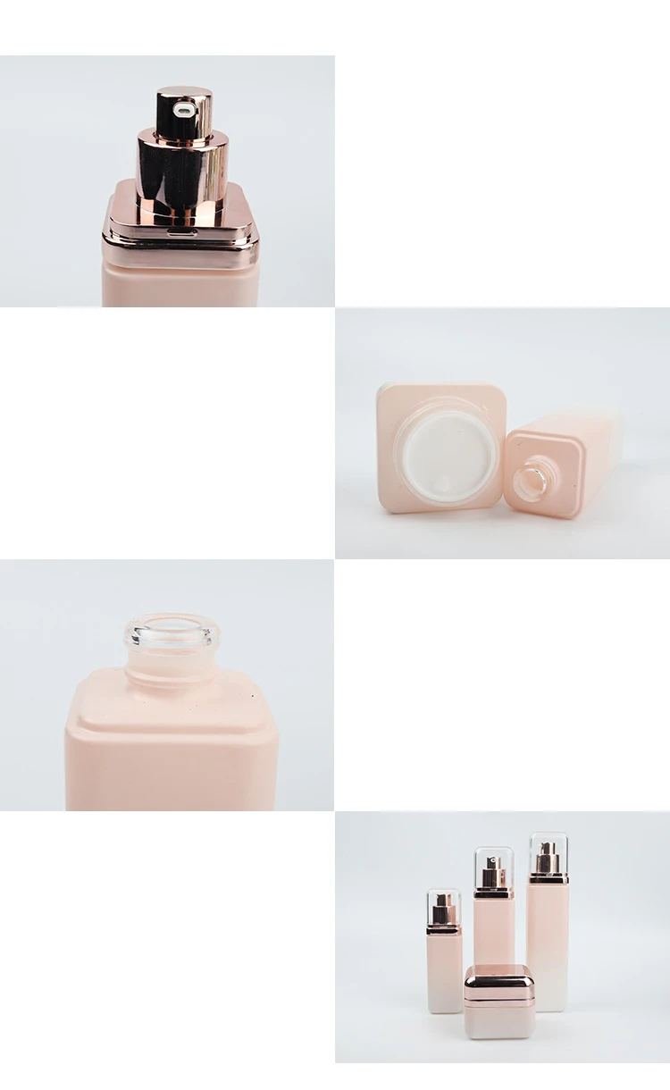 Luxury Cosmetic square glass bottle set -- skincare container manufacturer-- aluminum  with pump&spray&gold cap details