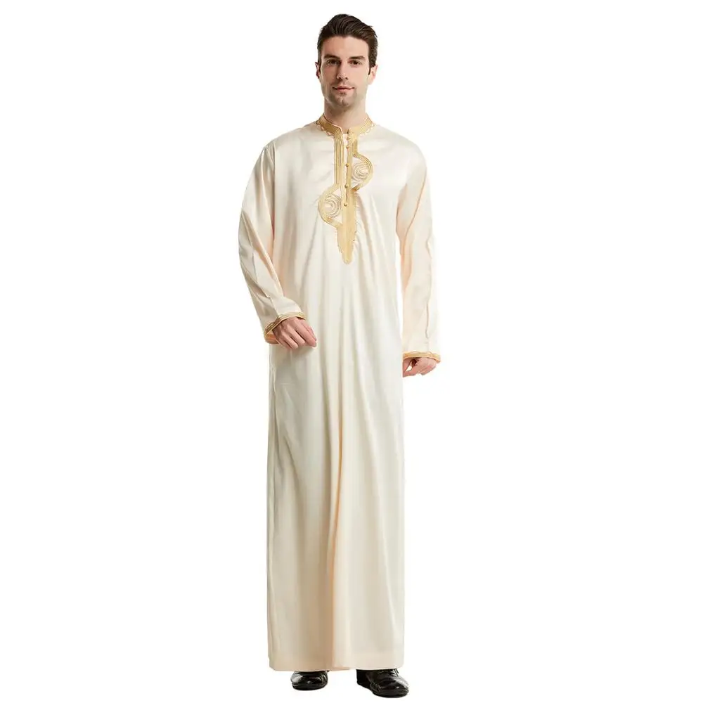 

High QualityStand Collar Embroidery Simulation Silk Muslim Arab Men Thobe Thawb Caftan, White,black,beige