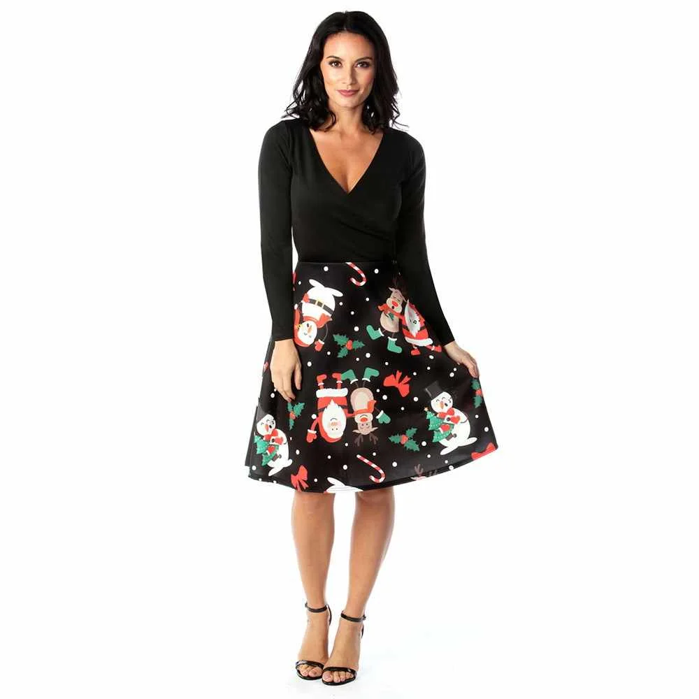 

V-neck long sleeve floral printing ladies a-line dress wholesale