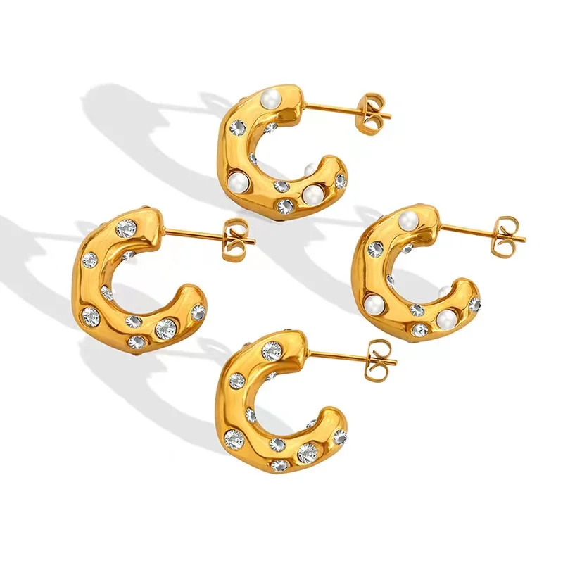 Large Think Gold Hoops Orecchini Women 18K Stainless Steel Korean Moissanite Chunky Bold C Shaped Zircon Hoop Earrings Jewelry