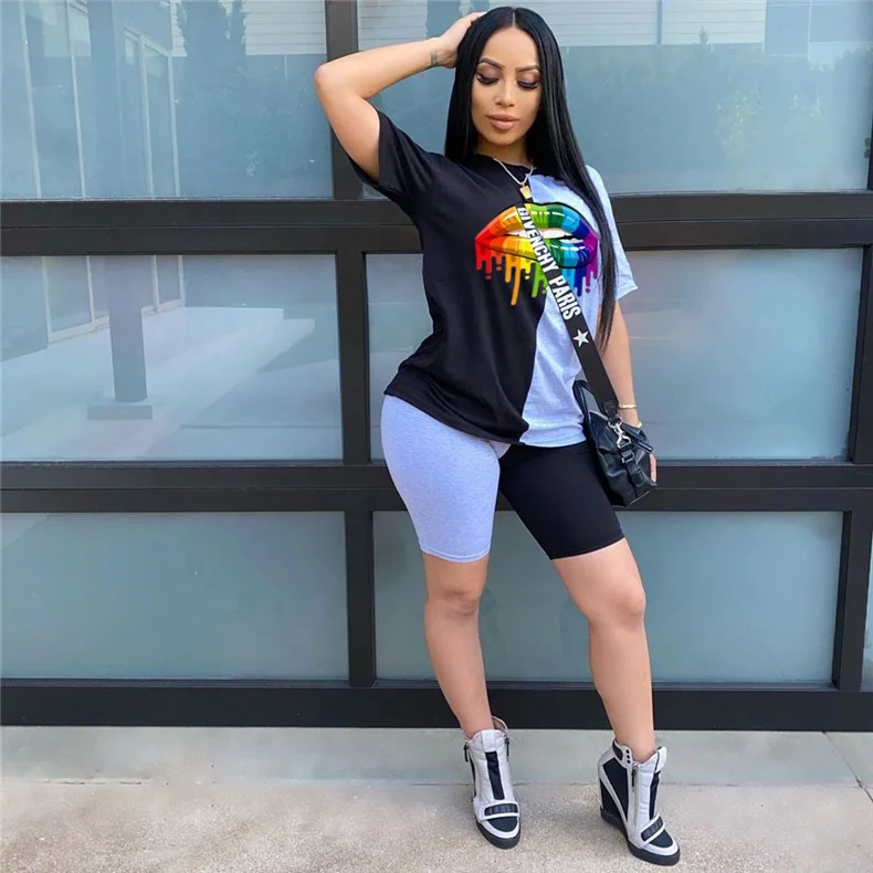 

Ladies Casual Contrast Color Stitching Lips Print Short Sleeve Two-piece Suit