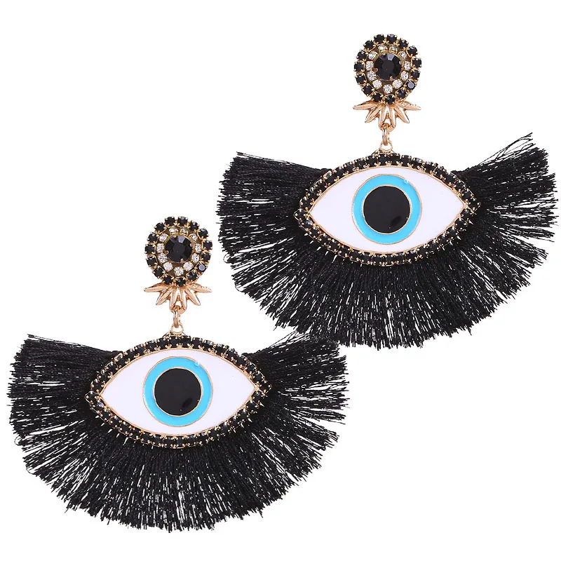 

HOVANCI 2020 New Statement Earring Boho Big Evil Eyes Tassel Drop Earring Black Crystal Fan Shape Eyes Dangle Earring For Women