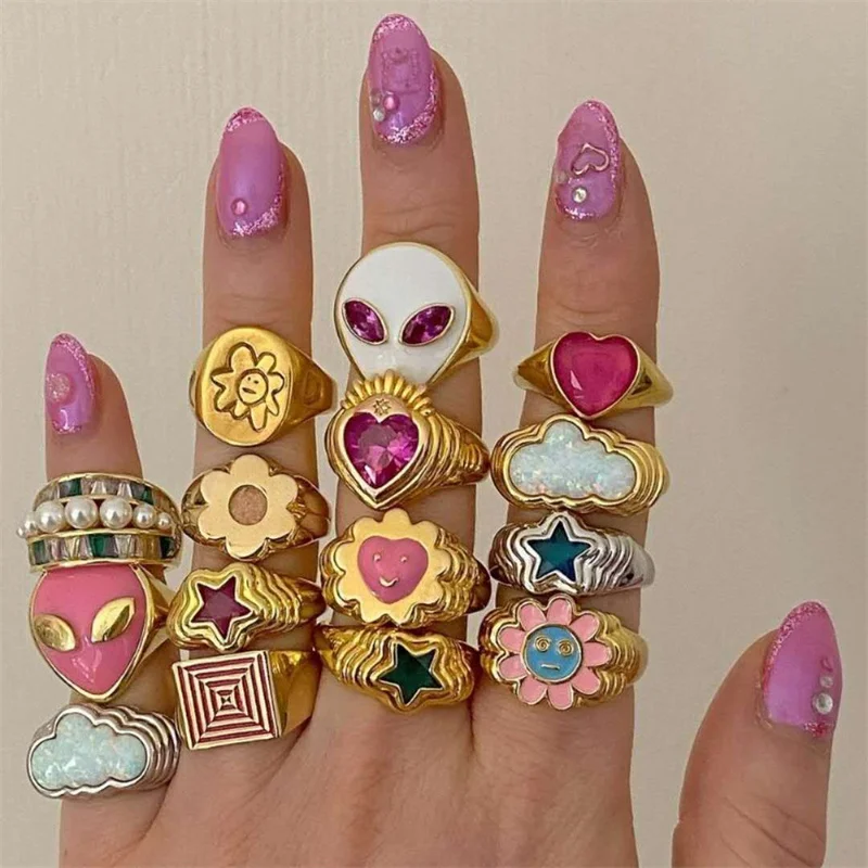 

Hot Sale 18k Gold Plated Cute Lovely Pink Pinky Colorful Enamel Smile Star Heart Alien Face Full Finger Band Ring For Women, Picture shows