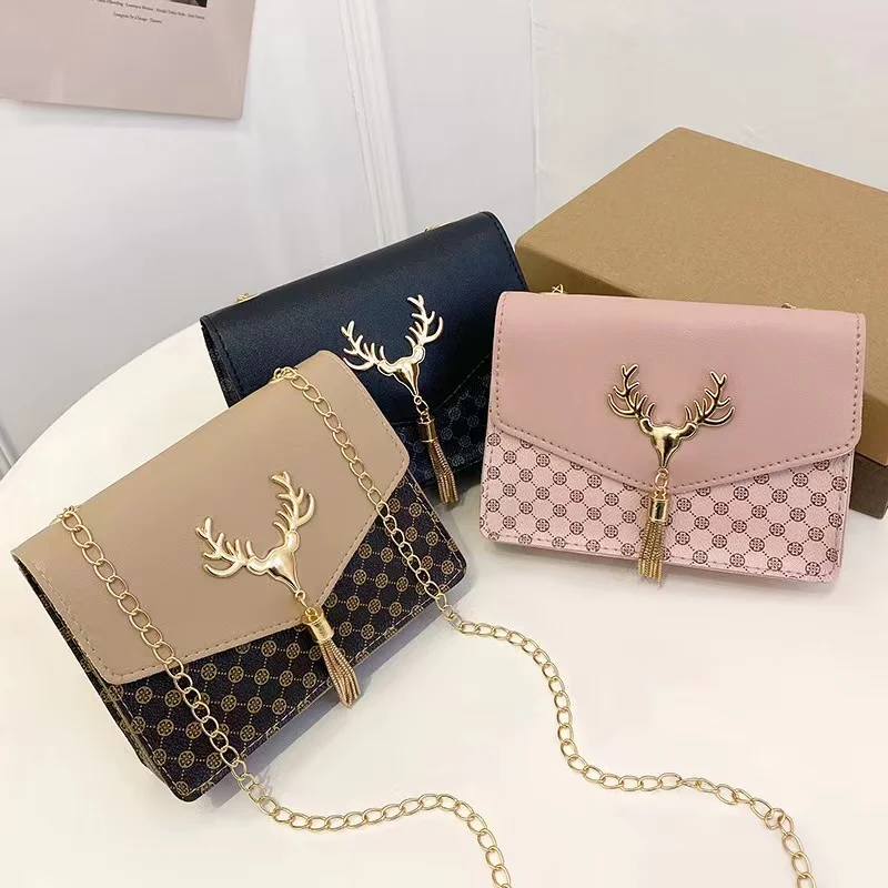 

SY 2021 chains women's high quality pu leather large capacity Tassel printing shoulder bags, As picture